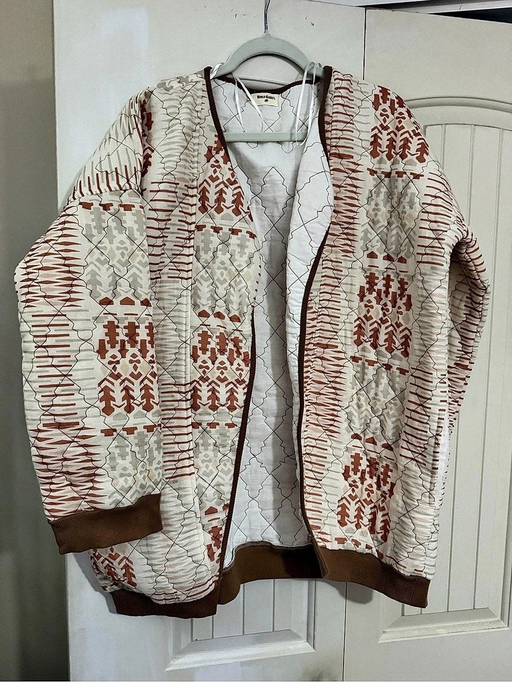 World Market Geometric Bomber Jacket in White & Brown Like New